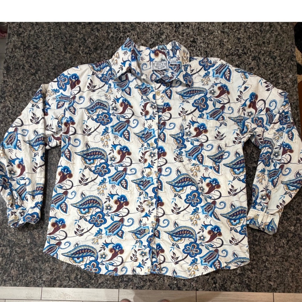 Kyoto Kasuals Women Blue Paisley Floral Cotton Button Down Shirt Large Long Slv
